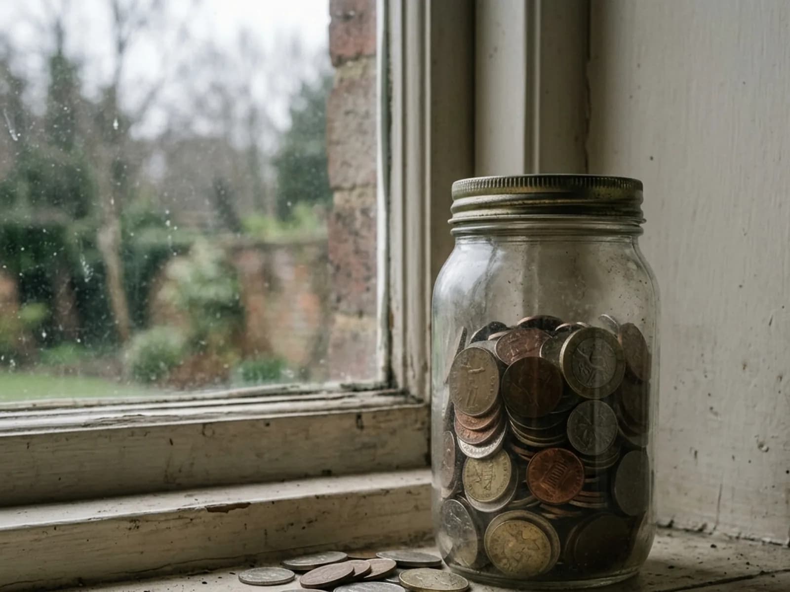 A glass jar containing saved coins on a rustic wooden shelf.